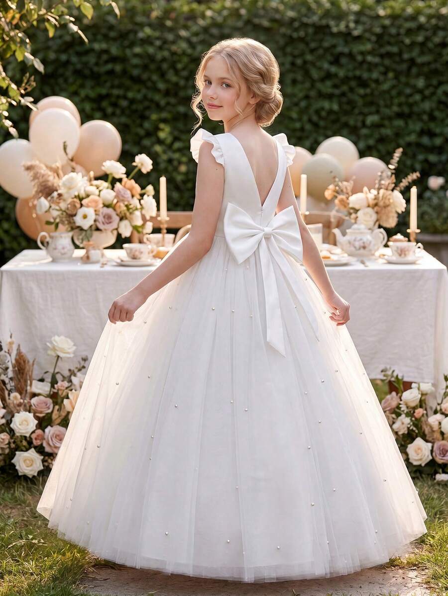 少女白色荷葉袖手工串珠蝴蝶結優雅公主禮服，適合生日派對、晚宴、畢業舞會、花童、婚禮伴娘、節日慶典