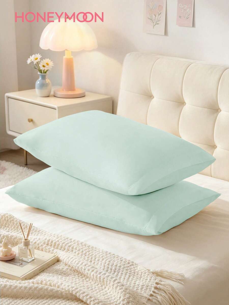 HONEY MOON 2pcs Soft & Breathable Solid Color Pillowcase, Envelope Closure, Wrinkle Resistant, No Filling - Fits T/F/Q/K Size Home & Dorm, OEKO-TEX Certified, Light Green - Light Green - View 1