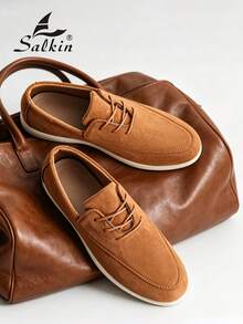 Salkin 男士時尚設計師樂福鞋 繫帶手工縫線 柔軟仿麂皮/純素皮革 填充軟後跟領 商務正裝鞋 男士莫卡辛鞋 日常辦公 婚禮派對 情侶約會 浪漫晚餐 假期禮物 學生休閒鞋 百搭建議 建議選擇大一號 - 棕色 - 查看 11