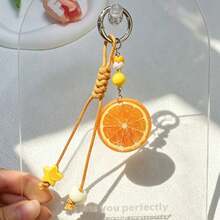 1 pièce Porte-clés en résine de fruit avec perles de corde tressées à la main, pendentif de sac fraise orange pastèque tomate figue - Multicolore - Voir 8