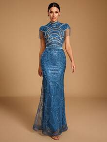 GIFORU Women's Elegant Heavy Beaded & Sequined Mermaid Evening Gown, Formal Evening Dress Fall Wedding Party - Dusty Blue - View 6