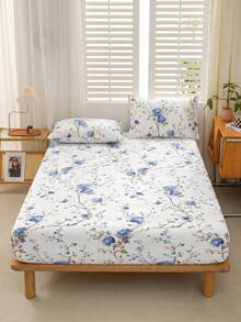 1pc White Background Watercolor Blue Branch Peony Floral Pattern Fitted Sheet, No Filling, Bedroom Use Flannel Ultra-Fine Fiber Breathable Comfortable Fitted Sheet, King/Queen/Full/Twin Size - Baby Blue - View 7