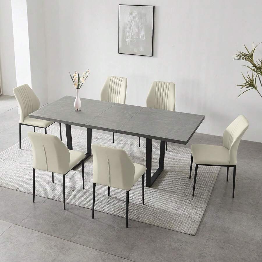 jiexi Extendable Dining Table And 4-6 Chair Set, 130-170cm Grey MDF Dining Table With White PU Dining Chairs With Metal Legs For Kitchen, Living Room - White - View 1