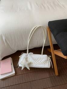 1pc Large Capacity Women's Shoulder Bag, Solid Color Fashion Bowling Bag, Zipper Closure, Letter Embroidery Decoration (Star Charm Not Included), Daily Use Bag, Suitable For Young Women - Travel, Shopping, Classroom, Date, Women's Gift, Office, Work, Travel - White - View 11
