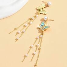 1 Pair Ethereal Sweet Colorful Butterfly Tassel Earrings, Faux Pearl Tassel Design Earrings, Exquisite Sweet Earrings - Multicolor - View 3