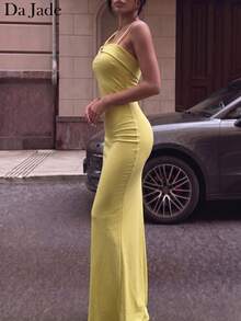 Da Jade Women Light Yellow One Shoulder Spaghetti Strap Mermaid Maxi Dress, Twisted Detail Cowl Neck Ruched Bodycon Long Gown, Slim Fitted Solid Dress - Yellow - View 3