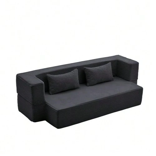 2-In-1 Convertible Corduroy Sofa Bed, Modular Floor Sofa, No Assembly Required, Fold-Out Sofa Bed With 2 Cushions - 黑色 - 查看 1