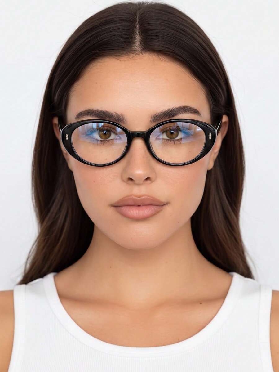 1 Paar Damen-Brille mit schwarzem Rahmen, Nieten, modisch, schlichte Gläser, für die Arbeit - glänzend schwarz - Übersicht 1