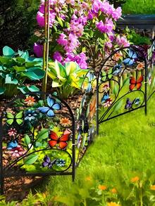 Best-Selling Garden Decor Painted Butterfly & Floral Iron Garden Fence, Bird Dragonfly Butterfly Small Fence, Connectable Curved Yard Divider Fence, Outdoor Lawn Flower Bed Decorative Ground Stake Metal Fence - Multicolor - View 5