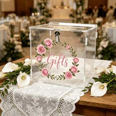 Transparent Blue Floral Acrylic Card Box, DIY Large Wedding Guest Sign-In Card Box, Customizable Name And Date, Card Storage Box, Suitable For Wedding, Valentine's Day, Thanksgiving, Easter, Birthday, Donation Box, Graduation Ceremony And Other Occasions