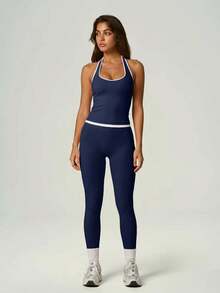 UONNOU 2pcs Women's Seamless Sports Shaping Set, Halter Neck Backless Colorblock Tank Top, Fitness Casual Sportswear, Summer Style - Navy Blue - View 8