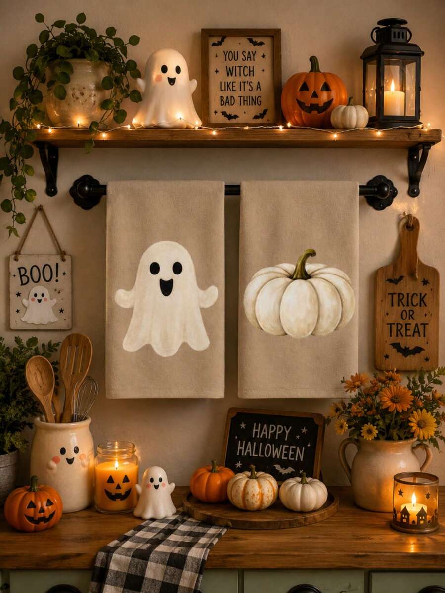 2pcs Halloween Pumpkin & Ghost Pattern Kitchen Towels, Halloween Home Decor Towels, Halloween Kitchen Decor Towels, Cute Style, Microfiber Material, Rectangular, 40*60 CM, Suitable For Home Autumn Kitchen Decor, Outdoor Party Activities, Halloween & Thanksgiving Holiday Gifts - Multicolor - View 1