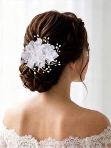1pc White Floral Bridal Hair Clip Elegant Woman Headwear Hair Accessory Suitable For Weddings And Parties - White - View 3