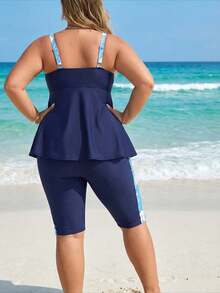 Plus Size Navy Blue Floral Print Panel Tankini Set With Knee Length Shorts - Multicolor - View 5