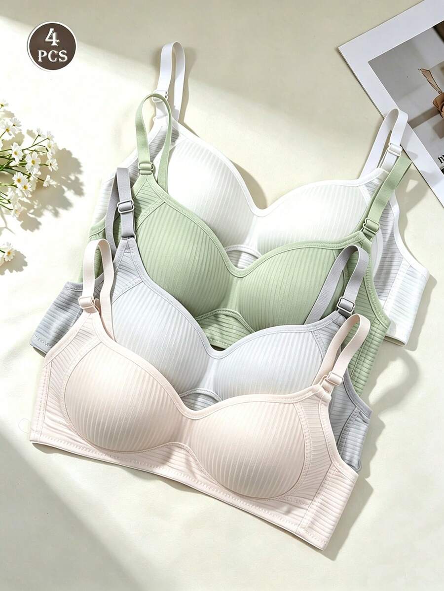 4pcs/Set Cotton Striped Underwear For Teenage Girls, Comfortable & Simple Bra, Suitable For 13-16 Years Old (Recommended To Buy One Size Larger) - Multicolor - View 1