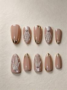 10 Stücke mittelange mandelförmige 3D strukturierte Goldrand French Cat Eye Shell Nagelkunst Kunstnägel, verbessern sofort Ihr Aussehen, betonen Ihre schlichte Eleganz, elegant und minimalistisch, Y2K Prinzessin minimalistischer sexy Stil, geeignet für Frauen und Mädchen für den täglichen Gebrauch, auch ein zartes Geschenk für Frauen und Mädchen, Press-On Nägel Nagelzubehör - Verschiedenfarbig - Übersicht 7