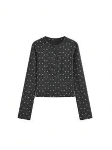 Women's Fitted Long Sleeve Henley Neck Ditsy Floral Base Layer Top - Grey - View 6