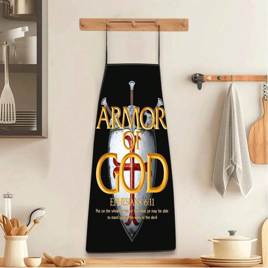 1pc God's Armor Shield & Cross Print Apron, Back With Shield & Cross Pattern - Adjustable Waistband, Durable & Easy To Clean Polyester Material, Suitable For Kitchen Cooking, Gardening, Orchard, Christmas, Halloween Apron