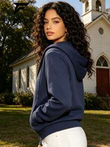 Women's Loose Drop Shoulder Zip-Up Hoodie, Drawstring Pocket Casual Top, Suitable For Back To School, Sports, Autumn/Winter - Blue - View 3