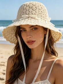 1pc Women's Hollow Woven Sun Hat, Wavy Lace Satin Bow Decor Wide Brim Bucket Hat, Small Breathable Sun Protection Hat, Suitable For Daily Outings - Multicolor - View 2