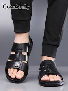 Men's Summer New PU Material Beach Sandals With Buckle Slides, Dual-Use Driving And Casual Wear Arabic Style Sandals - Black - View 7