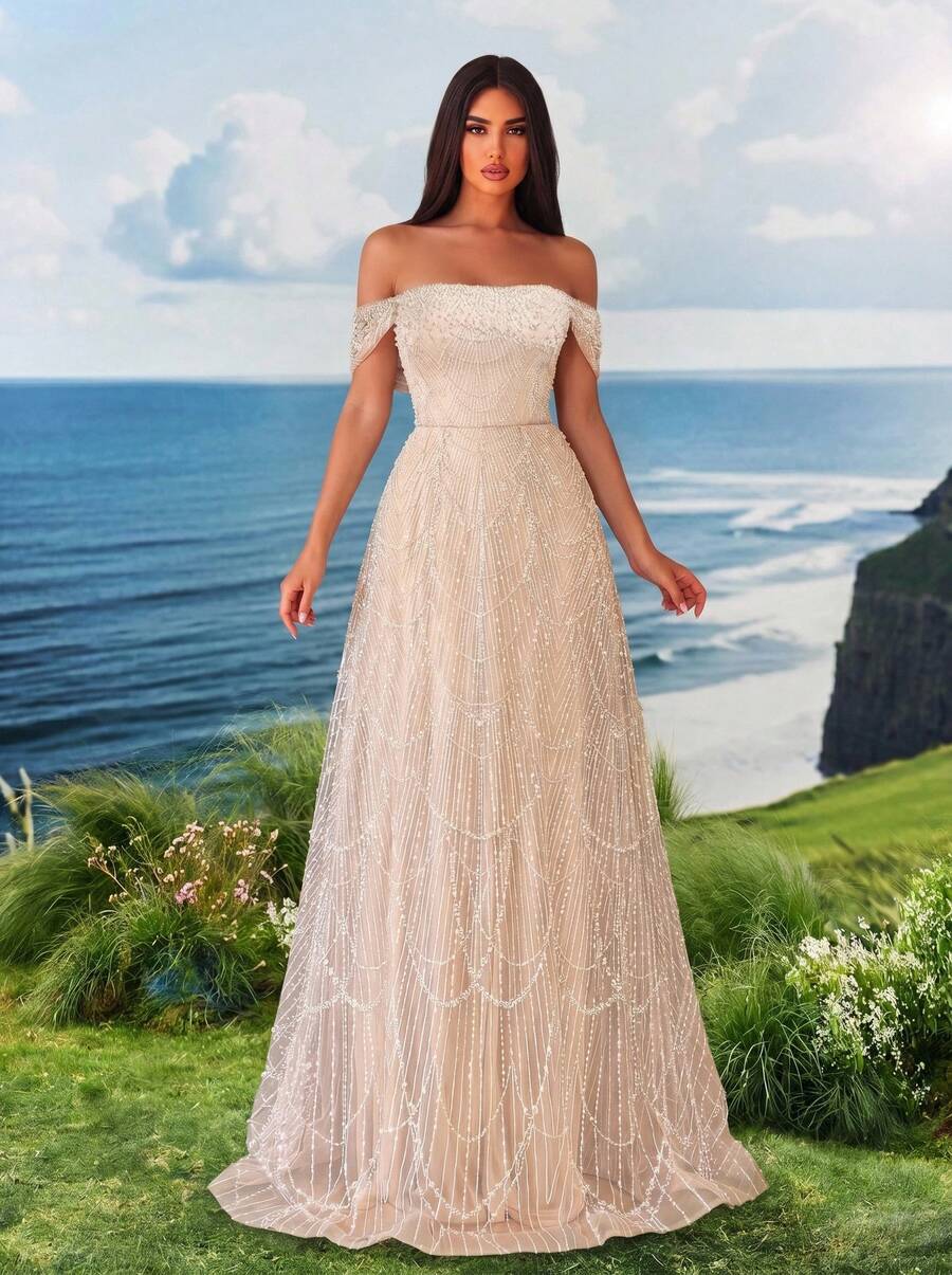 Elasola Romantic Open Shoulder Short Sleeve Beaded Formal Dress, Decorated With Contrast Sequins And Flared Hem, Suitable For Women's Party Wedding Elegant