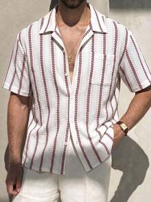 Men's Striped Short Sleeve Single-Breasted Pocket Textured Casual Shirt - Red and White - View 1