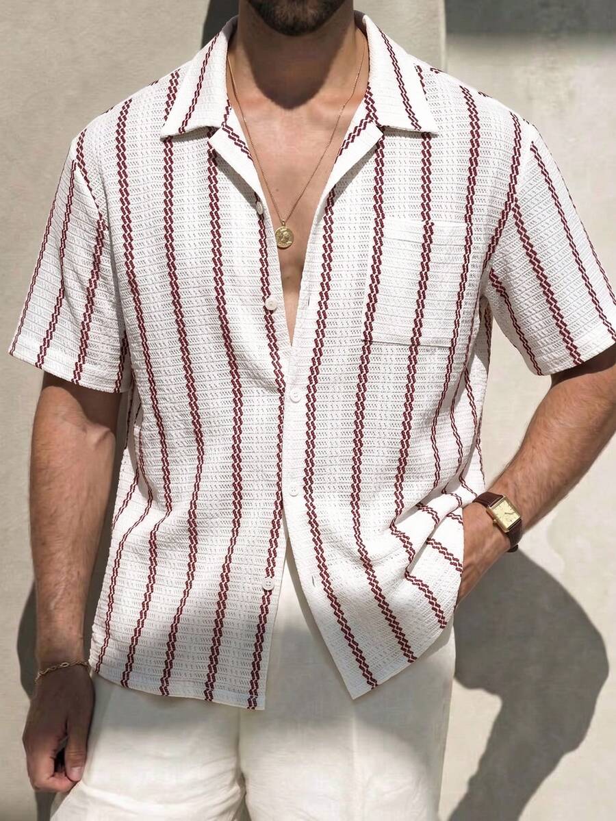 Men's Striped Short Sleeve Single-Breasted Pocket Textured Casual Shirt - Red and White - View 1