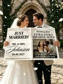 1pc Customized Newspaper Style Wedding Announcement Poster, Personalized Photo & Text Wedding Newspaper, Intimate Wedding Newspaper, Unique Couple Marriage Reveal, Modern, Bold, Fashionable Newspaper - Multicolor - View 4