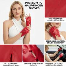 1 Pair Vintage Red Leather Gloves For Women, Elegant Fingerless Split-Finger Design With Double Button Cut-Out Hollow Detail, Evening Party Stage Performance Atmosphere Accessory Gloves - Multicolor - View 4