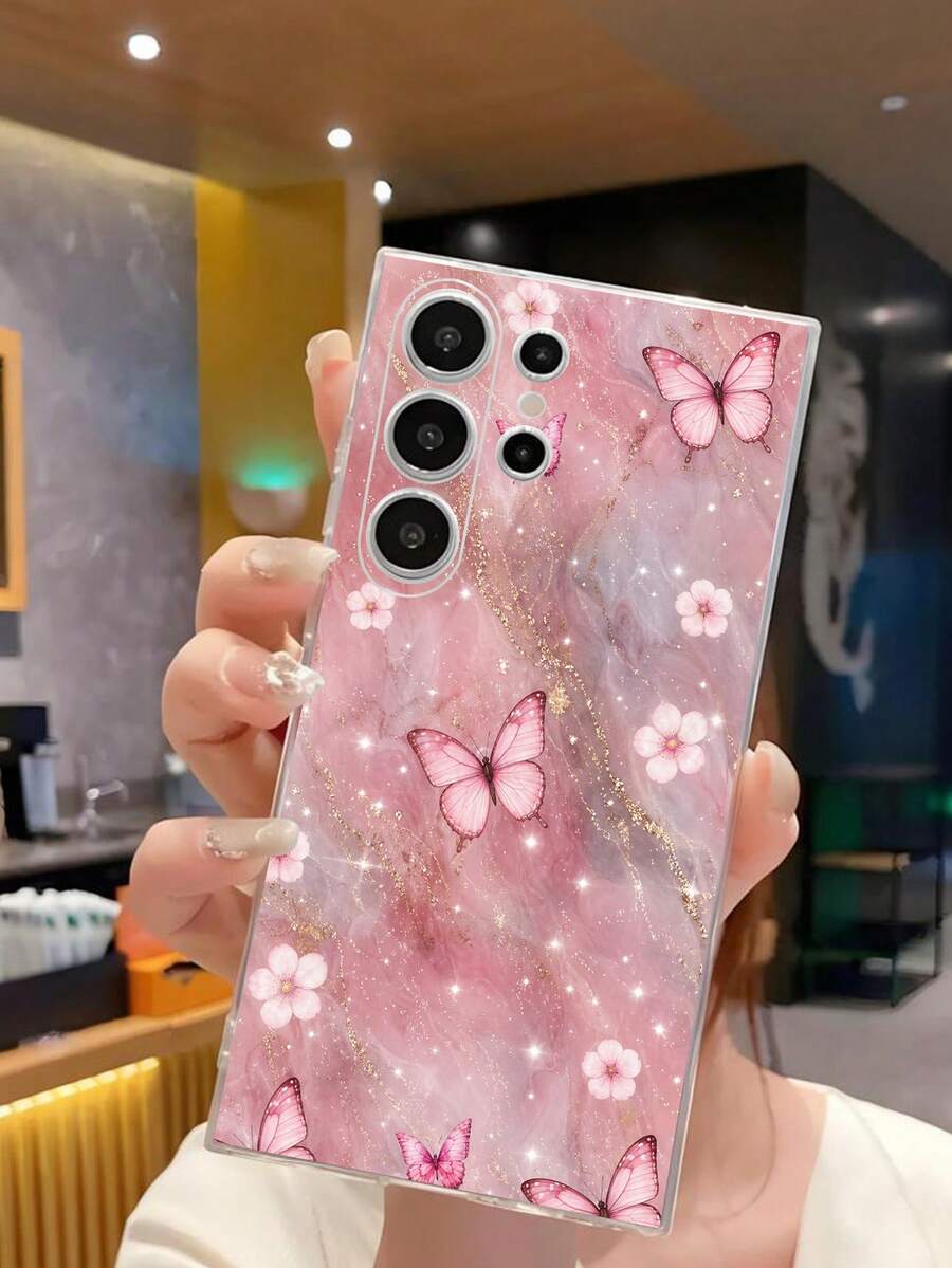 1pc Fashion Creative Pink Gold Marble Pattern Flower Butterfly Transparent Soft Protective Case Compatible With Huawei Honor Galaxy A04e/12/A13/A14/A34/A50/A52/A53/A54/S21/S22/S23/S24/S25/S25Ultra/S25FE/S26/S26 PLUS/S26 ULTRA/S26 EDGE/ 6A/7A/8A/ 12T/13T/15T/15 TPRO[International Version Not Local Version] - Clear - View 1