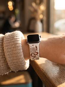 3D Halloween Two-Tone Snake Floral Engraved Silicone Sports Watch Band Compatible With Apple Watch 41mm 40mm 44mm 45mm 42mm 46mm 38mm 49mm, Boho Goth Western Dark Mysterious Style For Women, Compatible With Apple Watch SE 11 10 9 8 7 6 5 4 3 2 1 Ultra - Starlight/Brown - View 4