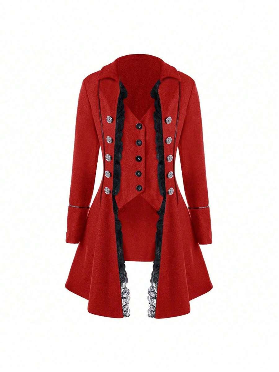Giacca da donna in stile medievale a tinta unita con maniche lunghe e tre bottoni, top asimmetrico, vestibilità slim, gonna lunga da donna - Rosso - Visualizzare 1