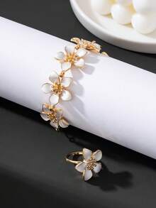 1 pezzo Elegante Set di Gioielli da Donna Stile Vacanza Estiva Spiaggia Bianco Fatto a Mano con Bracciale e Anello a Goccia d'Olio Plumeria, Versatile per Pendolarismo e Vacanza - Bianco - Visualizzare 3