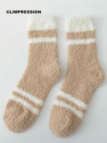 CLIMPRESSION 1 Pair Women's Khaki White Striped Winter Warm Soft Plush Comfortable Fluffy Short/Mid-Calf Socks - Khaki - View 7