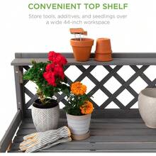 Outdoor Garden Potting Bench, Wooden Workstation Table W/Cabinet Drawer, Open Shelf, Lower Storage, Lattice Back - Gray - Gray - View 5