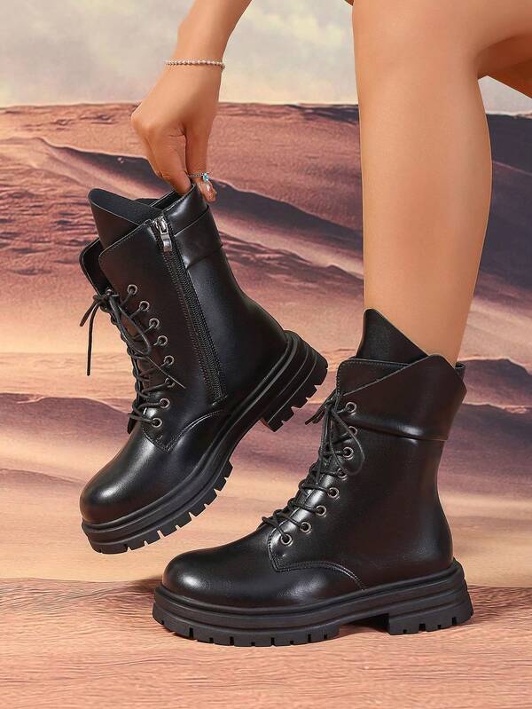 Bottes de cheville confortables et polyvalentes pour femmes avec patchwork, semelle épaisse, bout rond, lacets et fermeture éclair latérale, en cuir, style Xian'hsou, mode, vacances, élégantes, fête, rue