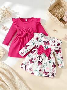 2pcs Baby Girls Simple Cute Spring/Autumn New Rose Butterfly Print Flutter Sleeve Round Neck Dress & Solid Color Ribbed Dress Set - Hot Pink - View 10