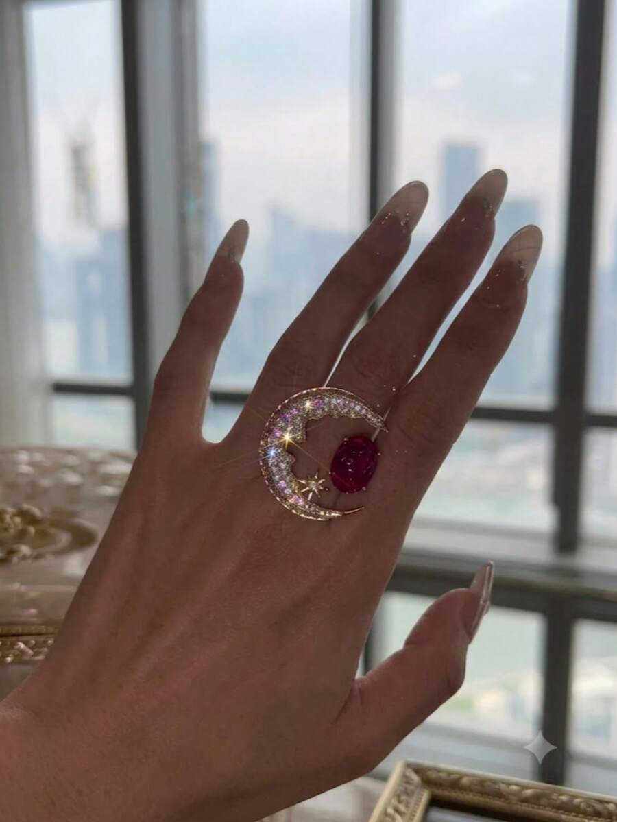 1pc Vintage Handmade Star & Moon Shaped Ring Inlaid With Shiny Pink Ring Elegant Rings Suitable For Women Design Rings Exquisite Gift Choice - Multicolor - View 1