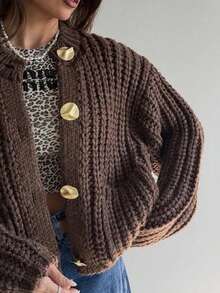 HH Women Fashion Thick Knitted Large Button Jacket Female Pocket High Street Loose Casual Long Sleeve Coat Fall - Khaki - View 6