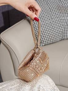Mini Evening Bag With Rhinestone Decor, Asymmetrical Shape, Small Handbag For Party And Gathering, Lipstick Bag - Champagne - View 5