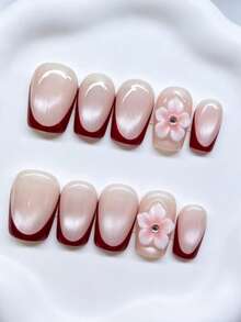 Zysa Medium Square Nude Red French Cat Eye Press On Nails, 3D Pink Flower Rhinestone Glossy False Nails, Elegant Romantic Reusable Nail Art For Wedding Date Party Daily Manicure Y2K Summer Nails Music Festivals Back To School Graduation Travel Gifts - Multicolor - View 2