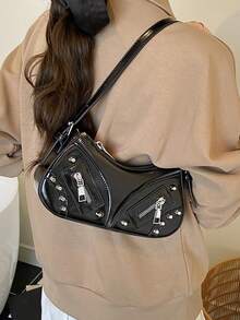 Fashionable, Personalized Street Style Shoulder Bag, Niche Design, Multifunctional, Classic Synthetic Leather Design, Suitable For Dates Dinners - Black - View 4