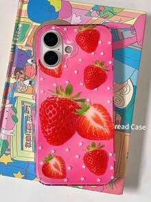 1pc INS Style Strawberry Polka Dot IMD Full Coverage Phone Case Compatible With IPhone 17 16 15 14 13 12 11 Series, Glossy Hard Shell, Protective Case - Red - View 1