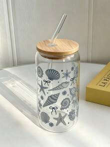Ocean Shell Iced Matcha Coffee Glass Straw Cup, 1 Set With Lid And Straw Iced Coffee Glass Straw Cup, Glass Straw Cup Drinkware - Multicolor - View 4