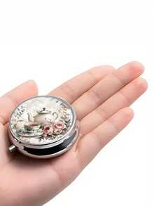 1pc Vintage Tea Party Pill Box, 3-Compartment Metal Mini Design, Teapot & Rose Elegant Pattern, Portable Storage, High-Quality Daily Medication Gift Box - Multicolor - View 3