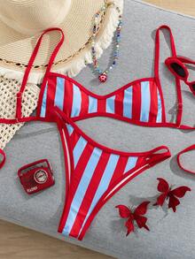 Women's Spring/Summer New Colorful Stripe Printed Flat Chest Spaghetti Strap Bikini 2 Pieces Set Vacation Beach - Multicolor - View 2