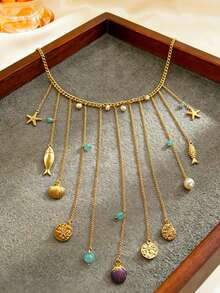 1pc Bohemian Beach Vacation Style Rhinestone Starfish Shell Fish Multi-Strand Tassel Design Premium Versatile Women's Necklace - Multicolor - View 4