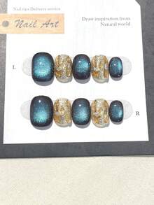 10 piezas de uñas postizas cortas cuadradas con strass de perla ojo de gato azul-verde, nueva colección de otoño e invierno, unicolor simple, elegante y encantador. Adecuado para mujeres y niñas. Incluye pegamento de gelatina y tiras de frotar - Verde Oscuro - Ver 13