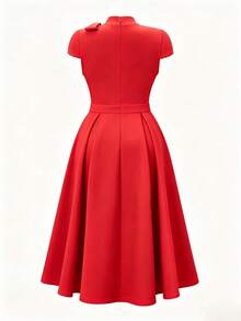 NOU Elegant Lady Style Bow Tie Small Stand Collar Cap Sleeve Short Sleeve A-Line Waist-Defining Mid-Length Dress For Women, Flattering Proportion, - Red - View 7